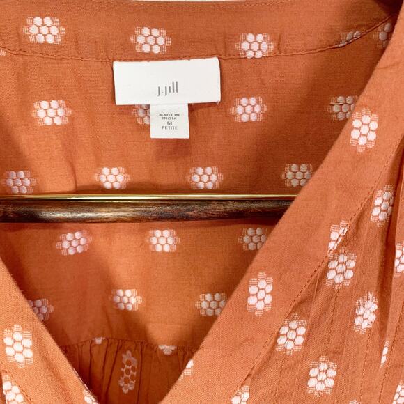 J. Jill Peasant Top Rust Orange Patterned V Neck Peasant Blouse button India MP - Picture 7 of 16